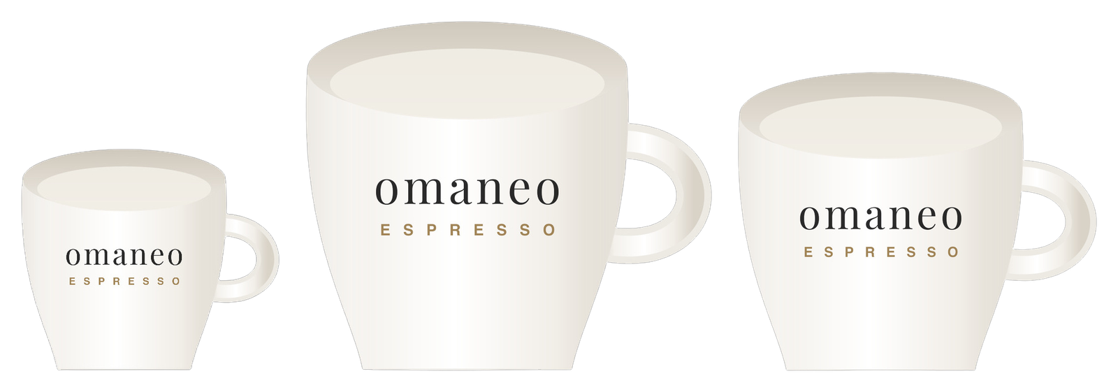Espressotasse, Cappuccinotasse und Milchkaffeetasse der omaneo-Serie nebeneinander